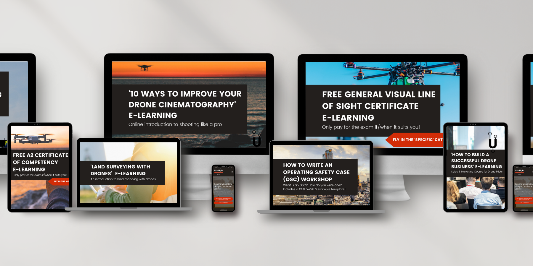selection of e-learning courses displayed on iphone, i mac, macbook computer laptops and ipad screens